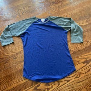 WOMEN'S LULAROE RANDY 3/4 SLEEVE BLUE/G T-SHIRT TEE TOP BLOUSE Sz. M MEDIUM GUC